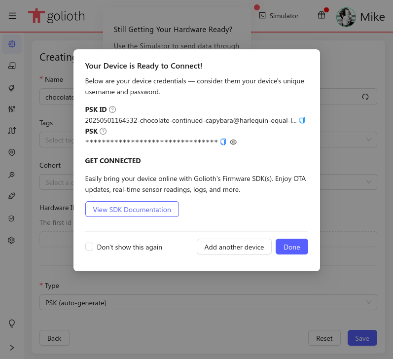 Golioth console device created confirmation